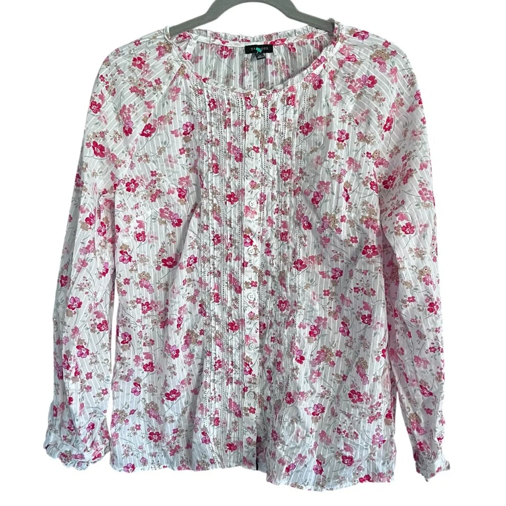 EUC Talbots Floral Cottagecore Top in White Red Pink size M - Picture 2 of 9